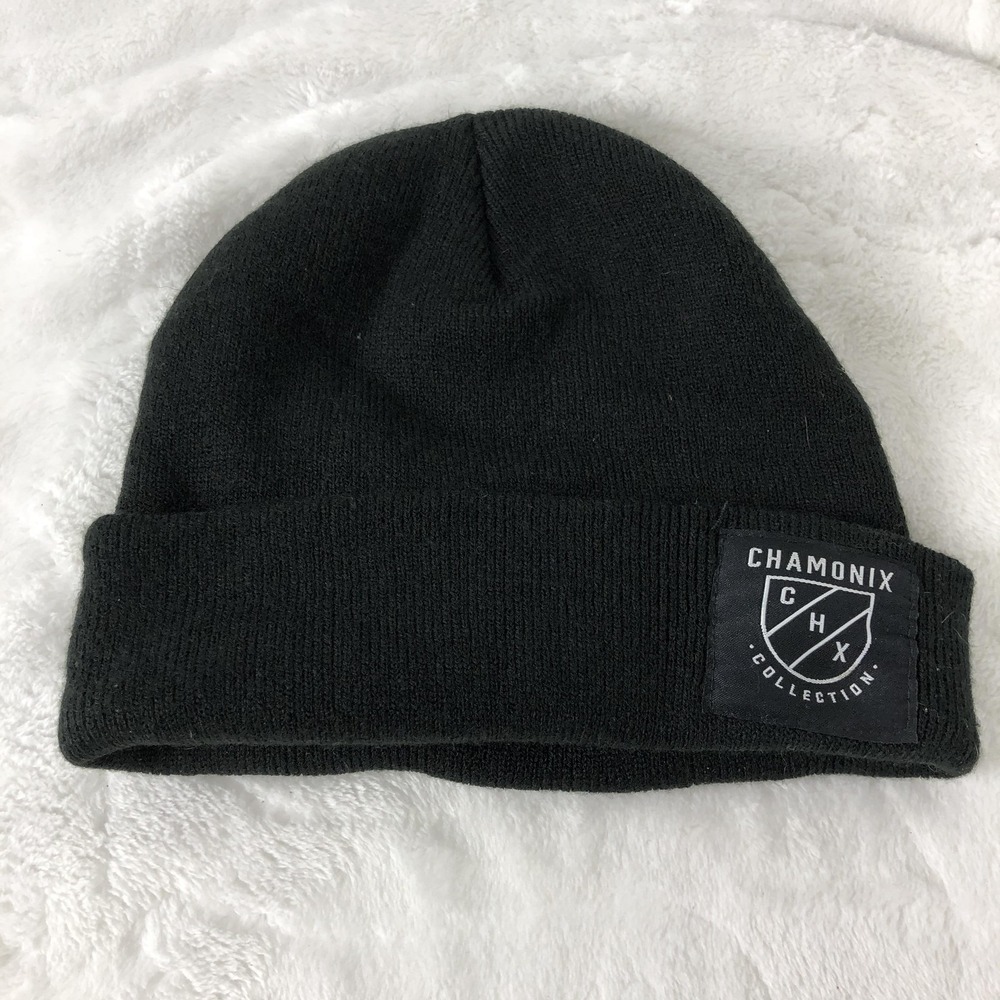 Chamonix‎ Collection Hat Beanie Mens Black Cuffed Knit Patch Winter CHX Warm